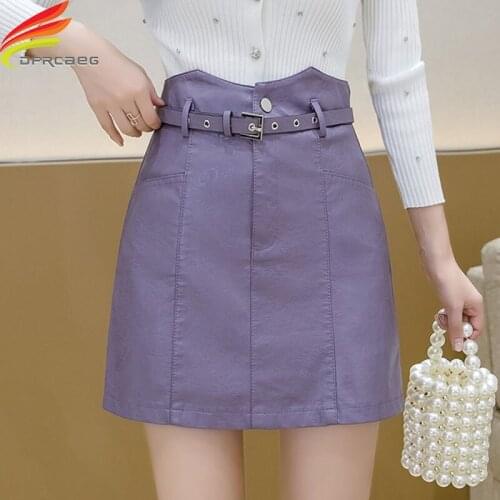 White Blue Black Or Purple Leather Skirt Women 2020 Autumn Winter New Arrival High Waist Mini Skirts With Belt Korean Skirt Lady