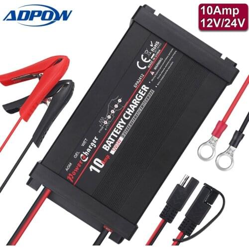 ADPOW 5 Stages 10A 12v 24v Car Battery Charger Automatic Pulse Repair Smart Wet Lead Acid Battery Power Charging Auto 110v 220v