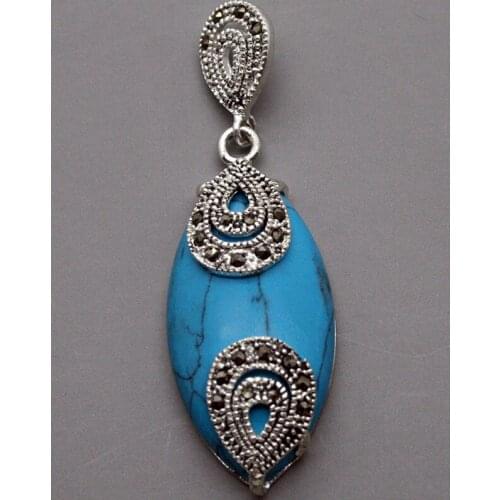 925 STERLING SILVER BLUE Turquoise MARCASITE PENDANT 18x40MM