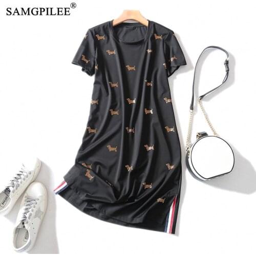 Women Dresses Summer 2020 Office Lady A-line Solid Short Sleeve Diamonds Knee-length Plus Size Dress O-neck Dresses For Women