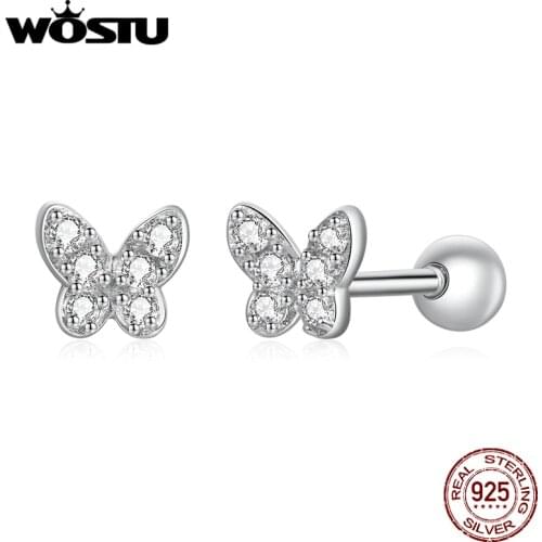 Wostu Full Paved Butterfly Stud Earrings for Women Genuine 925 Sterling Silver CZ Fine Brincos New Fine Jewelry BKE1116