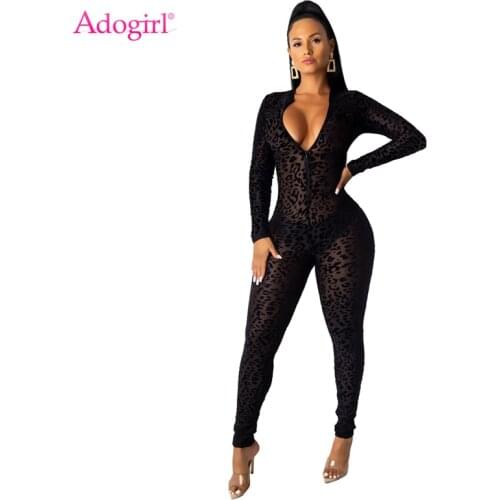 Adogirl Women Sexy Sheer Mesh Flocking Leopard Jumpsuit Front Zipper V Neck Long Sleeve Skinny Romper Night Club Bodysuits