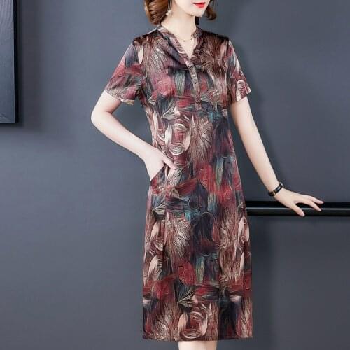 Summer Floral 5XL Plus Size Vintage Sundress 2021 Printed Real Silk Loose Satin Midi Dress Female Elegant Bodycon Party Vestidos