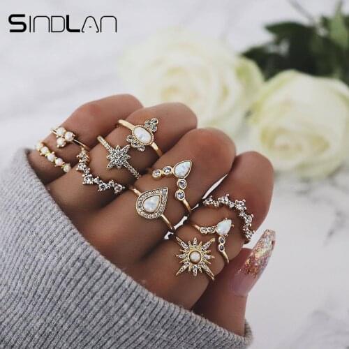Sindlan 10PCs Crystal Crown Ring Gold Finger Rings Rhinestone Joint Ring Anniversary Vintage Rings Set for Women Hand Jewelry