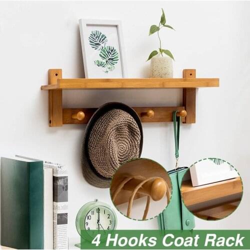 3/4 Hooks Bamboo Wood Wall Mounted Coat Rack Wall Racks Bedroom Hooks Door Hangers Hat Clothes Rack With Shelf Storage Hook Rack