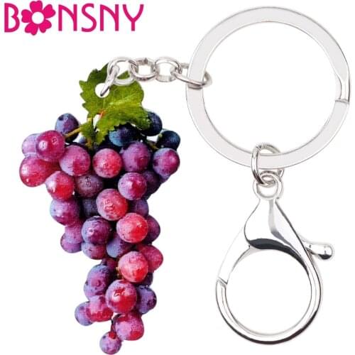 Bonsny Statement Acrylic Cute Grape Key Chains Keychains Ring Cartoon Fruit Jewelry Gift For Women Girls Teen Bag Car Charms New