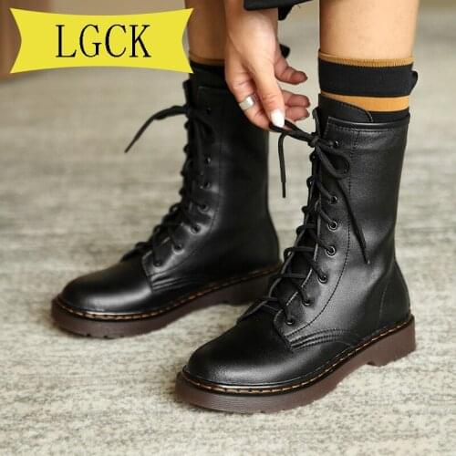 Plus Size 34-42 Fashion Boots Female Genuine Leather Women Booties Lace Up Black Winter Women Shoes Non-slip Girl Martin Boots