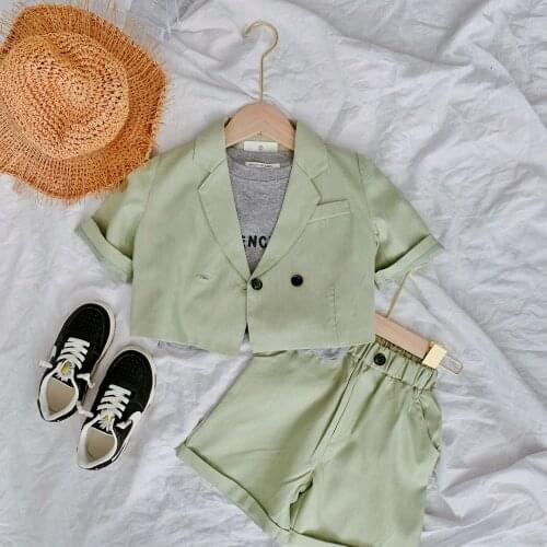 Children Short Sleeve Suit Set New Summer 2021 Boys Girls Double Breasted Blazer Shorts 2pcs Outfits Kids Casual Party Costume