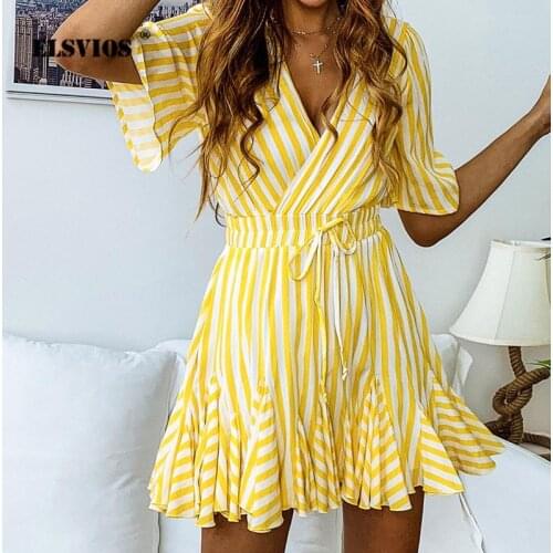 ELSVIOS Vintage Striped V-neck Dress Women 2019 Casual Short Sleeve Elegant Hem Wrinkle Mini Dress Female Lace Up A-Line Dresses