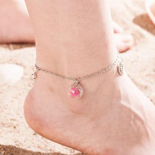 Hot Summer beach 5 color leaf glass pendant anklet bracelet handmade bell Dried flower leg chain women girl Girlfriends jewelry
