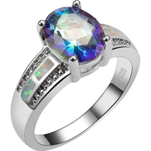 Blue Rainbow Crystal Zircon With White Fire Opal 925 Sterling Silver High Quantity Ring Beautiful Jewelry Size 6 7 8 9 10 R1461