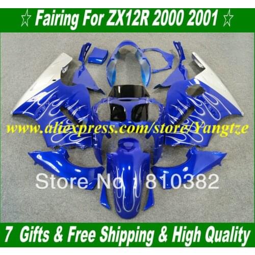 Full tank cover Fairing kit for KAWASAKI Ninja ZX12R 00 01 ZX 12R 2000 2001 ZX-12R white flames blue Fairings Set HJ14