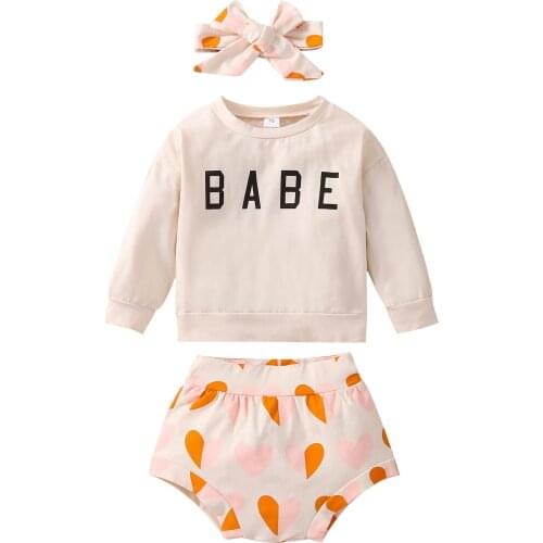 New 3pcs Lovely Baby Girls Boys Autumn Clothes Sets 0-24M Letter Long Sleeve Pullover Tops+Printed Shorts Headband Set