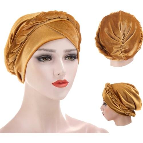 Fashion velvet women turban caps cross braid muslim head scarf bonnet female wrap head beanies ready to wear hijab turbans
