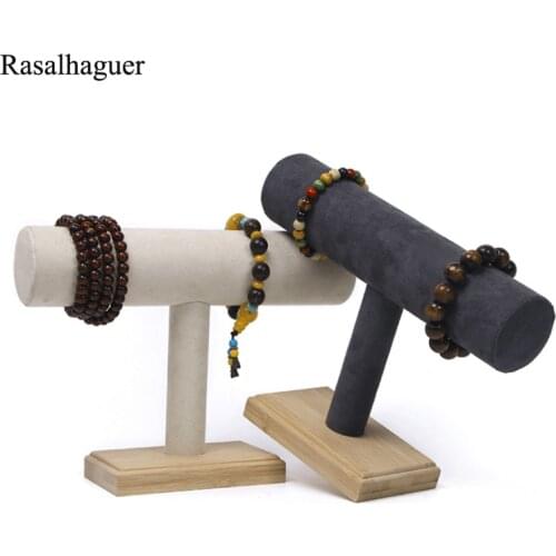 New Bamboo Single T-Bar Rack Bracelets Watches Bangles Necklace Jewelley Display Holder Stand Velvet Jewelry Organizer Wholesale
