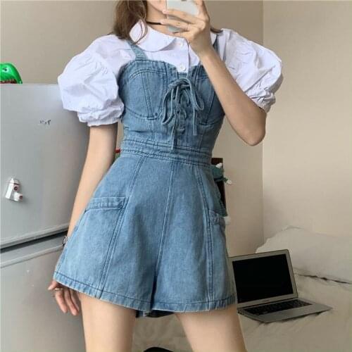 New Sweet Women Short Denim Jumpsuit Romper Women Spring Summer Overalls Female Casual All-Match Short Playsuit Korean Japanese