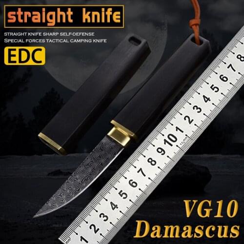 New Straight Knife Vg10 Damascus Steel Outdoor Camping Hunting Self-Defense Survival Edc Multi-Function Gift Fruit Knife