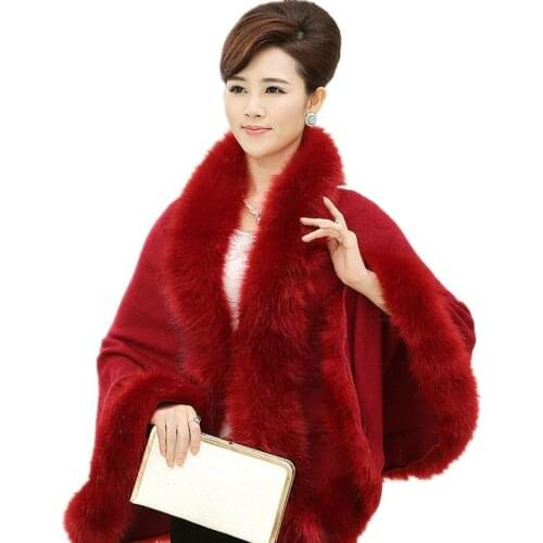 Autumn Winter Cashmere Poncho Women Sweaters High Quality Fake Fox Fur Collar Wool Capes Knitted Cardigan Sweater Coat MY03