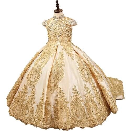 Golden Beads Flower Girl Dresses For Wedding Fashionable Pageant Gown Sleeveless lace Appliques Holy Communion Dresses for girl