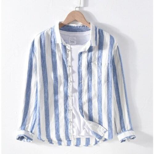 Men Spring Autumn Fashion Brand Linen Long Sleeve Nave Blue Striped Patchwork Turn Down Collar Casual Classical Male Chic Shirt