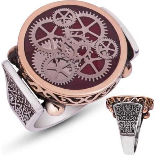 Silverlina Silver Maroon Clock Wheel Male Ring