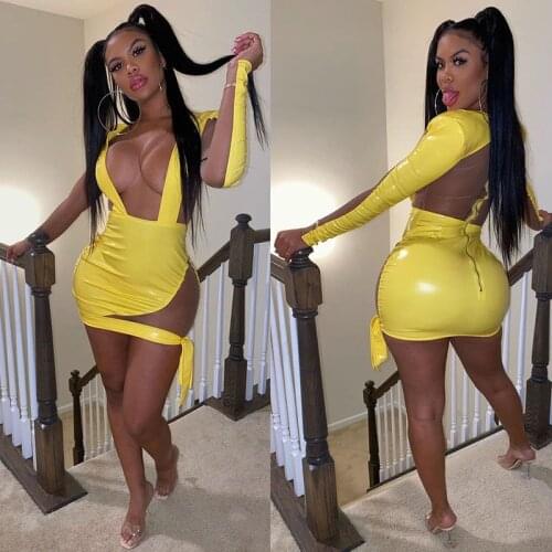 Mesh See Through Patchwork PU Leather Party Dress Women Clubwear Sheath Slim Sexy Bodyon Dress Birthday Long Sleeve Mini Dress