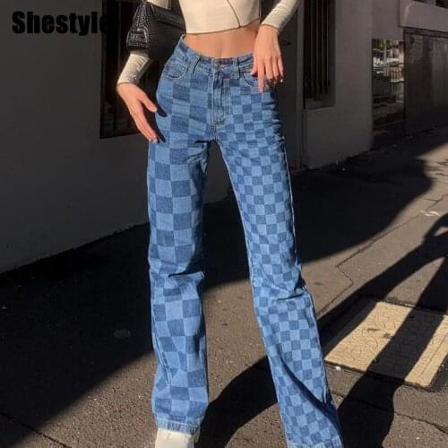 Shestyle Blue Plaid Checkerboard Jeans Women Panelled Fitting Pockets Chic Autumn Straight Street Pants Trousers Sweet Girls