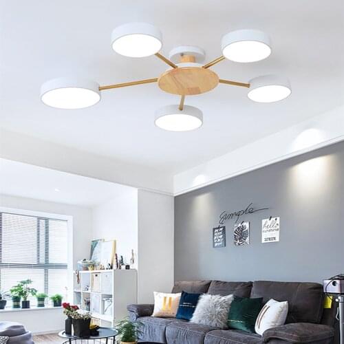 Nordic modern minimalist chandelier bedroom LED ceiling lamp living room personality macaron room wood plus iron lighting