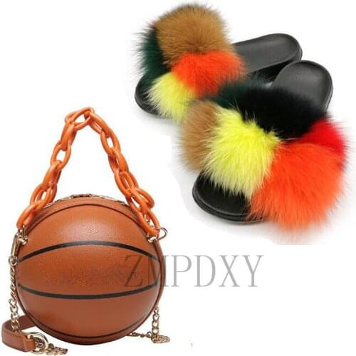 Basketball Shaped Wallet Handbag Ladies Brand Slippers Fluffy Fur Sandals Designer Shoulder Bag Fashion Shoe Bag Set Fur Slides