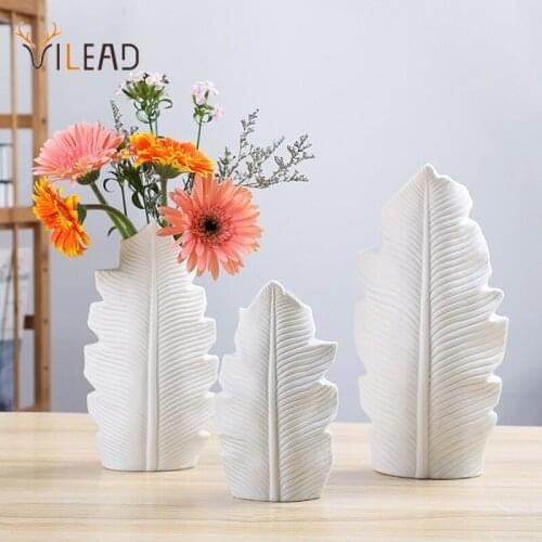 VILEAD Nordic Ceramic Flower Vase Modern Leaf Plant Pot Home Decor White Dried Flowerpot Container Living Room Decoration
