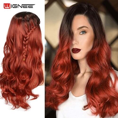 Wignee Wavy Long Ombre Red Orange Synthetic Wig for Women Middle Part Hair Heat Resistant Fiber Cosplay Natural Daily Hair Wigs