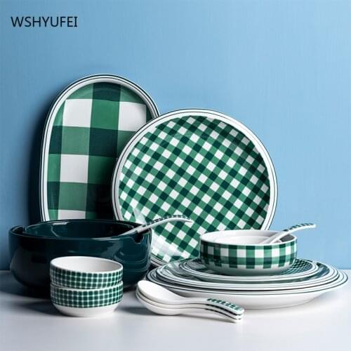 Green grid fresh ceramic tableware plate breakfast snack plate snack fruit tray western food plate dishes and plates sets