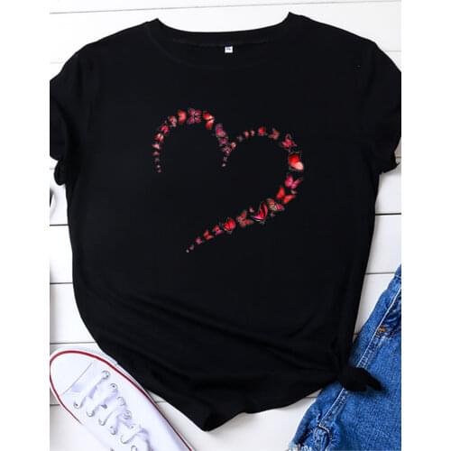 Butterfly Heart Shape Print Women T Shirt Short Sleeve O Neck Loose Women Tshirt Ladies Tee Shirt Tops Clothes Camisetas Mujer