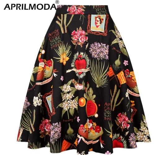 Cotton Black Midi Tunic Skirt 2020 New Arrivals Summer Floral Print Sexy Elegant 50s 60s Retro Vintage Women Skirts Plus Size