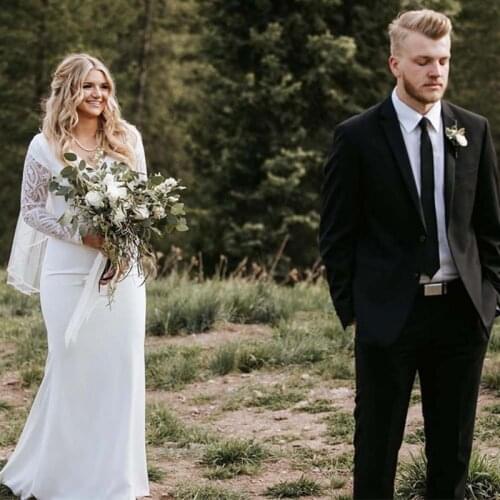 Fivsole Mermaid V-neck Satin Wedding Dress 2021 Sexy Lace Sleeves Vestidos De Novia Floor-length Formal Bride Dress Plus Size