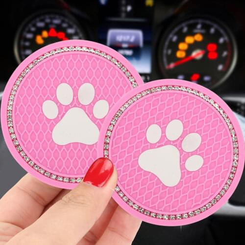 2pcs Car Coaster Cat Paw Water Cup Bottle Pad PVC Non-slip Detachable Vehicle Cup Mat With Diamonds For Auto Interior Accessory