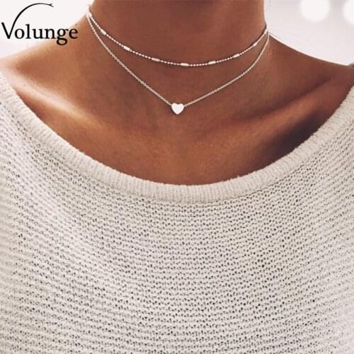 Volunge 2017 New Simple Copper Beads Chain Choker Necklace Peach Heart Pendant Multi - Layer Clavicle Necklace
