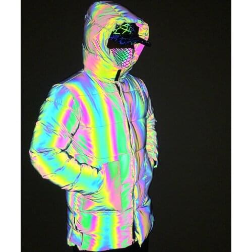 Rainbow Color Reflective Long Jacket 2021 Winter Coat Men Women Harajuku Casual Colorful Reflective Parka Hommes Veste