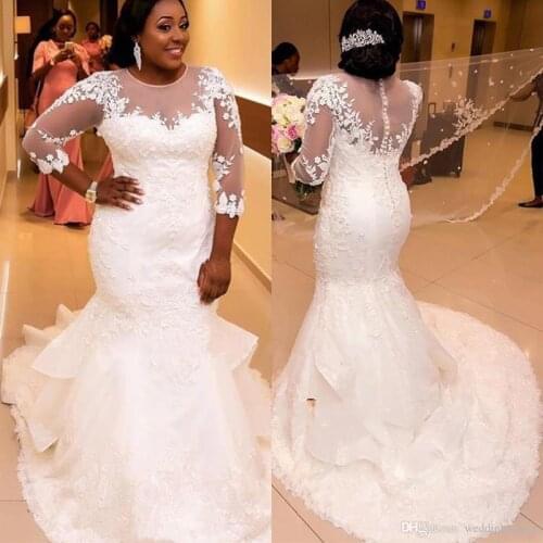 Hot Sale O-Neck 3/4 Sleeve Mermaid Plus Size Wedding Dresses Appliques Bridal Wedding Gowns Hochzeitskleid Robe De Mariee