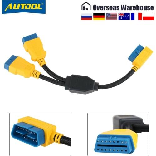 AUTOOL 35CM OBDII Cable 1 in 2 Sliptter Adapter Cable Car 16 pin OBD2 Male to Female Connector Cable Car OBD2 Extension Wire