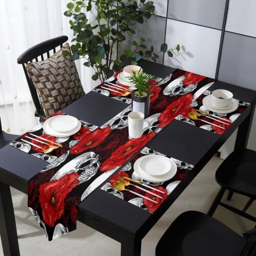 Red Flower Skull Table Runner Table Mats Cover For Home Wedding Banquet Festival Party Catering Hotel Table Decoration