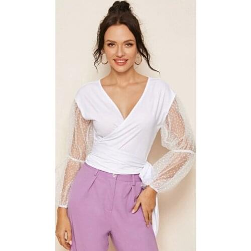 Lantern Sleeve Fashion Mesh Blouse Bodysuit Women Tops Mesh Sleeve Side Knot Wrap Top S Size White