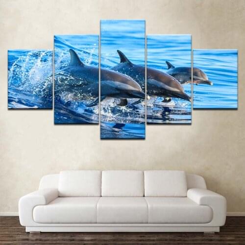 HD Printed Modular Pictures Frame Canvas Home Wall Art Decor 5 Pieces Jumping Dolphins Animal Painting Blue Seascape Poster