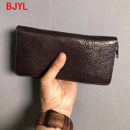 Retro Mens Wallet Men Card Holder Purse Mobile Phone Clutch Bag Leather Soft Wrist Bags 2020 Original Long Zipper Leather Solid