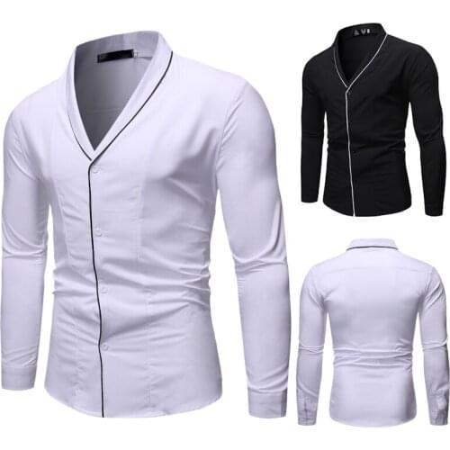2019 New Fashion Mens Front Buckle Solid Color Base Shirt Mens Long-sleeved V-neck Shirt Casual Tops