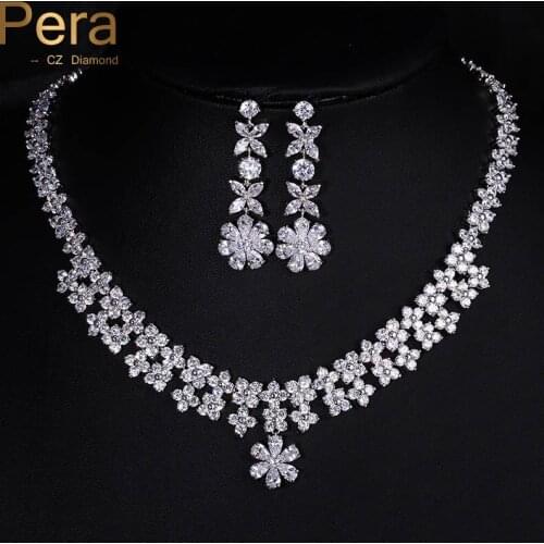 Pera Fashion Austrian Crystal Wedding Jewelry Snow Flower Shape Large Statement CZ Stone Necklaces Earrings Sets for Bridal J068