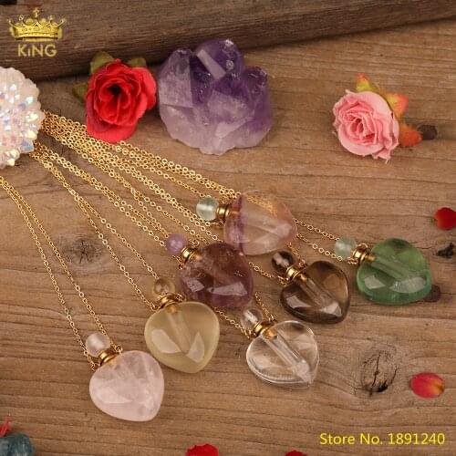 Heart Shape Quartz Crystal Perfume Bottle Pendants Necklace,Natural Gems Stones Essential Oil Diffuser Vial Necklace Findings