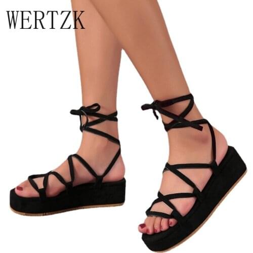 Summer Women Fashion Sandals Platform Wedge Heel Ankle Strap Lace Up Cross-tied Narrow Band Rome Sexy Ladies Shoes Female 2021