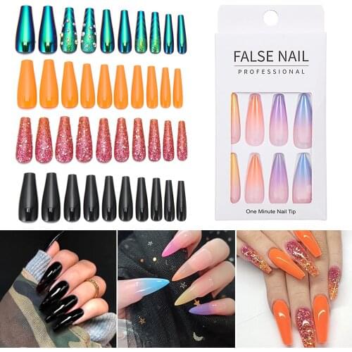 24Pcs/Set Christmas Style Detachable False Nail Tips Rainbow Gradient Color Long Coffin Full Cover Fake Nail DIY Nail Art Tools