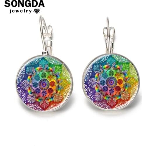 SONGDA Seven Chakra Large Mandala Earrings Fashion Jewelry Glass Photo Cabochon Silver Plated Lever Back Hook Earrings for Women